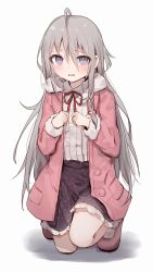 Rule 34 | 1girl, ahoge, blush, braid, center frills, clenched hands, coat, commentary, dyed ahoge, frills, fur-trimmed coat, fur trim, grey hair, highres, hoshi syoko, idolmaster, idolmaster cinderella girls, long hair, looking at viewer, pink coat, polka dot, polka dot skirt, shone, simple background, single braid, skirt, solo, squatting, straight hair, symbol-only commentary, very long hair, white background