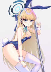 Rule 34 | 1girl, blonde hair, blue archive, blue eyes, bow, bowtie, breasts, collar, flareza, halo, highres, leotard, medium breasts, playboy bunny, rabbit ears, rabbit tail, solo, standing, thighhighs, toki (blue archive), toki (bunny) (blue archive), v, white background, white thighhighs