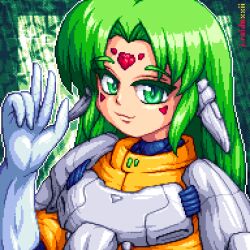 Rule 34 | 1girl, armor, artist name, closed mouth, facial mark, gloves, green background, green eyes, green hair, j.raido, long hair, looking at viewer, parted bangs, pixel art, smile, solo, upper body, v, white gloves