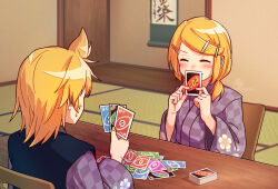 Rule 34 | 1boy, 1girl, ^ ^, ahoge, blush, brother and sister, card, cherry blossoms, closed eyes, floral print, hair down, hair ornament, hairclip, happy, highres, holding, holding card, imminent uno loss (meme), japanese clothes, kagamine len, kagamine rin, kimono, low twintails, meme, namazakana yeah, playing card, playing games, purple kimono, short twintails, siblings, sitting, sliding doors, sweatdrop, swept bangs, table, tatami, twins, twintails, uno (game), vocaloid, wooden chair, wooden table, worried, yukata