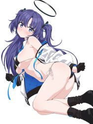 Rule 34 | 1girl, ass, bare shoulders, bikini, black bikini, blue archive, blush, breasts, cleavage, hair ornament, halo, jacket, large breasts, loliconder, long hair, long sleeves, looking at viewer, open mouth, purple eyes, purple hair, sidelocks, solo, swimsuit, two side up, white jacket, yuuka (blue archive)