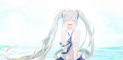 Rule 34 | 1girl, aqua hair, asymmetrical sleeves, blue neckwear, blue skirt, closed eyes, collared shirt, commentary request, grin, happy, hatsune miku, long hair, long sleeves, open mouth, pleated skirt, say hana, shirt, skirt, sleeves rolled up, smile, solo, sparkle, uneven sleeves, v arms, very long hair, vocaloid, wing collar