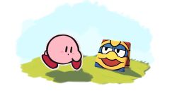Rule 34 | blue sky, grass, highres, king dedede, kirby, kirby (series), looking at another, nintendo, paper, paper mario, paper mario: the origami king, parody, sky, style parody, suyasuyabi