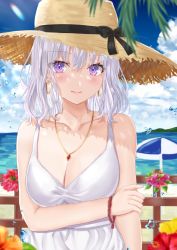 Rule 34 | 1girl, bad id, bad pixiv id, bare arms, bare shoulders, beach umbrella, black bow, blue sky, blush, bow, breasts, cleavage, cloud, commentary request, day, dress, flower, hat, hat bow, highres, jewelry, kazama (akki12), looking at viewer, medium breasts, necklace, original, purple eyes, short hair, silver hair, sky, smile, solo, sun hat, umbrella, upper body, water drop, white dress
