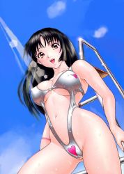 Rule 34 | 1girl, black hair, blue sky, blush, bracelet, breasts, brown eyes, cameltoe, cleavage, cloud, collarbone, covered erect nipples, female focus, grey one-piece swimsuit, heart, heart print, highres, jewelry, large breasts, light rays, long hair, looking at viewer, navel, one-piece swimsuit, open mouth, parted bangs, print swimsuit, revealing clothes, sky, smile, solo, sunbeam, sunlight, swimsuit, teeth, wet, yuuki tomoka