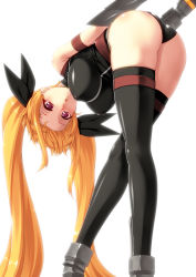 Rule 34 | 00s, 1girl, :o, arm held back, ass, bent over, blonde hair, breasts, covered erect nipples, crossed legs, fate testarossa, fate testarossa (true sonic form), from below, hanging breasts, highres, large breasts, legs, long hair, looking back, lyrical nanoha, mahou shoujo lyrical nanoha, mahou shoujo lyrical nanoha strikers, open mouth, purple eyes, red eyes, skin tight, solo, standing, thighhighs, thighs, tro (trombe), twintails, very long hair, watson cross