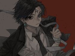 Rule 34 | 1boy, bandages, black eyes, black hair, black suit, book, chrollo lucilfer, clothes on shoulders, cross tattoo, earrings, expressionless, facial mark, facial tattoo, forehead mark, forehead tattoo, formal, highres, holding, holding bandages, holding book, hunter x hunter, jewelry, long sleeves, looking at viewer, male focus, nazo meat, necktie, nen (hunter x hunter), open book, red background, shirt, short hair, simple background, solo, suit, tattoo, upper body, white shirt