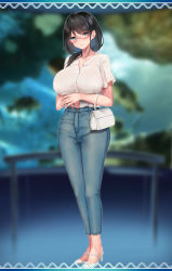 Rule 34 | 1girl, absurdres, aqua eyes, bad id, bad pixiv id, bag, black hair, blue pants, blurry, blurry background, blush, breasts, closed mouth, denim, full body, glasses, handbag, high heels, highres, jeans, large breasts, long hair, looking at viewer, original, osisio, pants, shirt, shirt tucked in, short sleeves, smile, solo, standing, white footwear, white shirt