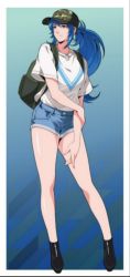 Rule 34 | 1girl, backpack, bag, black footwear, blue eyes, blue hair, boots, camouflage, casual, earrings, falcoon, holding hands, hat, jewelry, leona heidern, long legs, looking to the side, official art, shirt, shorts, snk, solo, t-shirt, the king of fighters, white shirt
