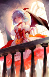 Rule 34 | 1girl, alternate costume, bare shoulders, bat wings, beret, blue hair, breasts, commentary request, dress, grin, hat, heart, highres, indoors, long sleeves, looking at viewer, off-shoulder dress, off shoulder, parted lips, railing, red dress, red eyes, remilia scarlet, short hair, small breasts, smile, solo, standing, touhou, white hat, window, wings, yuki (popopo)