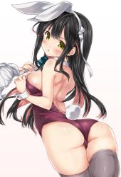 Rule 34 | 1girl, :o, adapted costume, animal ears, ass, bad id, bad twitter id, bare arms, bare back, bare shoulders, black hair, blush, bra, unworn bra, breasts, cameltoe, choker, fake animal ears, fake tail, from behind, green eyes, grey thighhighs, hairband, highres, kantai collection, leaning forward, leotard, looking at viewer, looking back, medium breasts, multicolored hair, naganami (kancolle), nijimoto hirok, open mouth, pink hair, playboy bunny, purple leotard, rabbit ears, rabbit tail, ribbon, shiny skin, sideboob, simple background, solo, sweatdrop, tail, tareme, thighhighs, two-tone hair, underwear, white background, white bra, white choker, white hairband, white ribbon