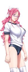 Rule 34 | 1girl, breasts, buruma, game cg, glasses, gym uniform, hair ribbon, kusukawa suzune, large breasts, legs, long hair, looking at viewer, p/a: potential ability, pink eyes, pink hair, ribbon, sei shoujo, simple background, smile, solo, standing, thighs, white background, white legwear