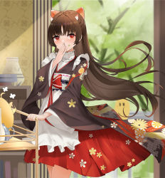 Rule 34 | 1girl, apron, azur lane, blurry, blurry background, blush, bow, brown hair, choker, covering own mouth, cowboy shot, floating hair, floral print, food, food on face, frilled apron, frilled choker, frills, hair bow, hand to own mouth, hand up, highres, horns, japanese clothes, long hair, long sleeves, looking at viewer, maid, manjuu (azur lane), obiage, official alternate costume, oni horns, parted bangs, pleated skirt, qing wu, red bow, red eyes, red skirt, sakawa (azur lane), sakawa (the colors of love) (azur lane), sash, skirt, solo, standing, teapot, thighs, wa maid, white apron, white choker, white sash, wide sleeves