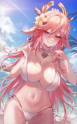 Rule 34 | 1girl, animal ears, bare shoulders, beach, bikini, blue sky, blush, breasts, choker, cleavage, collarbone, day, earrings, fox ears, genshin impact, gz (gyoju), hair ornament, highres, jewelry, large breasts, licking lips, long hair, looking at viewer, navel, necklace, pendant, pink hair, purple eyes, shore, sidelocks, sky, smile, solo, swimsuit, thighs, tongue, tongue out, very long hair, wet, white bikini, yae miko