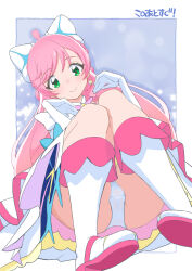 Rule 34 | 1girl, boots, bow, braid, cameltoe, closed mouth, commentary, crotch seam, cure prism, dress, dutch angle, earrings, floating, gloves, green eyes, hair bow, highres, hirogaru sky! precure, jewelry, long hair, looking at viewer, magical girl, miyagoe yoshitsuki, nijigaoka mashiro, outside border, panties, pink hair, precure, short dress, smile, solo, underwear, white bow, white dress, white footwear, white gloves, white panties