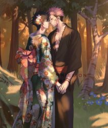 Rule 34 | 2boys, arm tattoo, artist name, black hair, black kimono, black nails, blue flower, bow, chest tattoo, close-up, collarbone, commission, couple, eye contact, face-to-face, facial tattoo, floral print, flower, forest, fushiguro megumi, hair flower, hair ornament, highres, holding hands, japanese clothes, jujutsu kaisen, kimono, long sleeves, looking at another, male focus, marrbl, multicolored hair, multiple boys, nail polish, nature, obi, outdoors, plant, print kimono, ryoumen sukuna (jujutsu kaisen), sash, short hair, spiked hair, standing, sunset, tattoo, tree, two-tone hair, undercut, wide sleeves, yaoi
