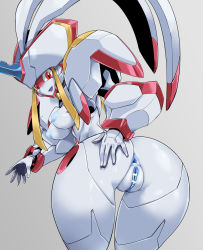 Rule 34 | 1girl, :d, anus, armor, ass, bar censor, bent over, breasts, censored, colored skin, darling in the franxx, from behind, horns, medium breasts, nipples, nude, open mouth, pauldrons, pochincoff, pussy, red eyes, robot, shoulder armor, single horn, smile, solo, strelizia, white skin