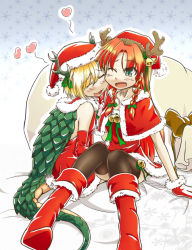 Rule 34 | 2girls, antlers, backless dress, backless outfit, bag, blonde hair, blush, boots, braid, brown legwear, capelet, cheek-to-cheek, christmas, closed eyes, commentary request, dragon horns, dragon tail, dress, fake antlers, fur-trimmed capelet, fur-trimmed dress, fur-trimmed gloves, fur collar, fur trim, gloves, green eyes, hair between eyes, hat, heads together, heart, hong meiling, horns, kicchou yachie, matsu 84, multiple girls, neck bell, on ground, one eye closed, open mouth, parted bangs, patterned background, red dress, red footwear, red gloves, red hair, reindeer antlers, santa hat, shell, short dress, short hair, sitting, snow, snowflake background, tail, thighhighs, touhou, twin braids, yuri