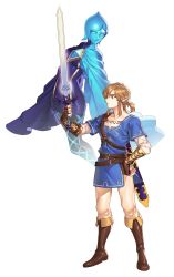 Rule 34 | 1boy, 1girl, absurdres, bad id, bad pixiv id, belt, belt buckle, blonde hair, blue eyes, blue ribbon, blue tunic, boots, breasts, buckle, closed mouth, collarbone, earrings, fi (zelda), fingerless gloves, gloves, hair ribbon, highres, holding, holding sword, holding weapon, jewelry, kiru (sorr5042), knee boots, link, long sleeves, looking at another, looking to the side, master sword, nintendo, pants, pointy ears, ribbon, simple background, standing, sword, the legend of zelda, the legend of zelda: breath of the wild, the legend of zelda: skyward sword, triforce, tunic, weapon, white background, white pants