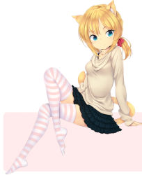 Rule 34 | 1girl, animal ears, arm support, blonde hair, blue eyes, bow, cat ears, cat tail, crossed legs, feet, frilled skirt, frills, hair bow, no shoes, original, ponytail, short hair, sitting, skirt, sleeves past wrists, solo, striped clothes, striped thighhighs, tail, thighhighs, zettai ryouiki, zizi (zz22)