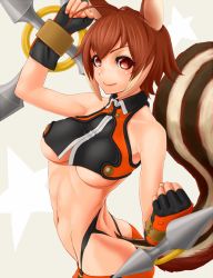 Rule 34 | 1girl, ahoge, animal ears, arm up, armpits, ass, bare shoulders, black panties, blazblue, breasts, brown hair, female focus, gishu, looking at viewer, makoto nanaya, midriff, multicolored hair, navel, panties, parted lips, rock, short hair, skirt, smile, solo, squirrel ears, squirrel tail, tail, thick thighs, thighhighs, thighs, tonfa, two-tone hair, underboob, underwear, weapon, wide hips