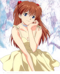 Rule 34 | 1girl, absurdres, bare shoulders, blue eyes, breasts, brown hair, choker, cleavage, copyright name, cowboy shot, dress, hair between eyes, hair ornament, head rest, head tilt, highres, light smile, looking at viewer, neon genesis evangelion, official art, page number, red hair, scan, small breasts, smile, solo, souryuu asuka langley, sundress, suzuki shunji, yellow dress