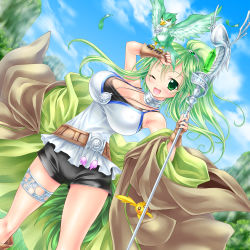 Rule 34 | 1girl, :d, bird, breasts, choker, duel monster, feathers, fingerless gloves, gloves, green eyes, green hair, highres, huge breasts, kogarashi (wind of winter), one eye closed, open mouth, shorts, smile, staff, winda priestess of gusto, wink, wynnda miko of the gusta, yu-gi-oh!