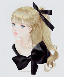 Rule 34 | 1girl, artist name, bare shoulders, black ribbon, blonde hair, blue eyes, dadachyo, earrings, hair ribbon, jewelry, long hair, looking at viewer, necklace, nose, original, pearl earrings, pearl necklace, ponytail, portrait, ribbon, simple background, solo, white background
