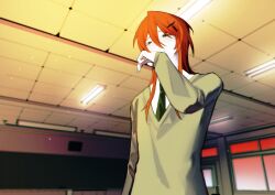 Rule 34 | 1boy, absurdres, black eyes, chinese commentary, classroom, closed mouth, collared shirt, commentary request, green necktie, grey sweater, hair between eyes, hair ornament, hand to own mouth, highres, indoors, kyoko (akakikyoko), long hair, long sleeves, male focus, necktie, original, red hair, shirt, smile, solo, sweater, upper body, white shirt
