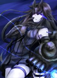 Rule 34 | 1girl, absurdres, abyssal ship, armpits, bare shoulders, black hair, dress, elbow gloves, gloves, glowing, glowing eye, hand over face, highres, horns, kantai collection, light cruiser princess, long hair, mask, one eye covered, pale skin, parted bangs, sailor dress, smile, solo, thighs, torpedo tubes, turret, yamamura umi