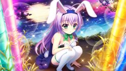 Rule 34 | 1girl, ahoge, animal ears, bamboo, bare shoulders, black footwear, blue hairband, bow, breasts, cleavage, dot nose, fake animal ears, fake tail, film grain, from above, full moon, game cg, glowing, green bow, green eyes, green ribbon, hair ribbon, hairband, hand on ground, hokaze kanade, izumi tsubasu, large breasts, lens flare, leotard, long hair, looking at viewer, moon, neck garter, night, non-web source, official art, on ground, outdoors, parted lips, playboy bunny, purple hair, rabbit ears, rabbit tail, re:stage!, reflection, reflective water, ribbon, river, sitting, solo, sparkle, tail, thighhighs, white thighhighs