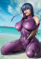 Rule 34 | 1girl, beach, blue hair, bodysuit, boots, breasts, cameltoe, covered erect nipples, huge breasts, igawa asagi, impossible bodysuit, impossible clothes, kneeling, lips, long hair, looking at viewer, ocean, solo, taimanin (series), taimanin asagi, wet, yiqiang