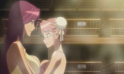 Rule 34 | 2girls, age difference, animated, animated gif, bouncing breasts, breast press, breasts, cleavage, close-up, glasses, highschool of the dead, incest, large breasts, lowres, mother and daughter, multiple girls, naked towel, pink hair, purple hair, screencap, steam, symmetrical docking, takagi saya, takagi yuriko, towel, tsurime, view between breasts, yuri