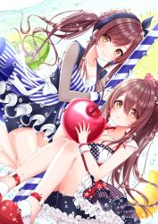 Rule 34 | 2girls, blush, bottomless, bow, breasts, brown eyes, brown hair, bubble, cherry, cleavage, closed mouth, collarbone, dress, floating hair, food, frilled skirt, frills, fruit, gloves, hair between eyes, hair bow, highres, hiiragi kei, holding, idolmaster, idolmaster shiny colors, knees up, large breasts, long hair, looking at viewer, medium breasts, multiple girls, nail polish, open mouth, osaki amana, osaki tenka, parted lips, red bow, siblings, sisters, sitting, skirt, smile, swept bangs, twins, twintails, white bow, white gloves, yellow eyes