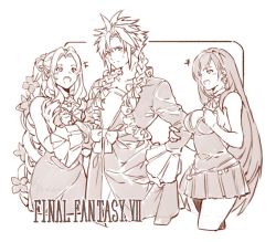 Rule 34 | 1boy, 2girls, aerith gainsborough, blush, bow, braid, breasts, choker, cleavage, cloud strife, crossdressing, curly hair, dress, earrings, embarrassed, final fantasy, final fantasy vii, final fantasy vii remake, flower, frilled sleeves, frills, greyscale, hair bow, hair flower, hair ornament, jewelry, large breasts, long dress, long hair, monochrome, multiple girls, necklace, open mouth, papajay (jennygin2), short dress, sidelocks, spiked hair, square enix, straight hair, sweatdrop, talking, teeth, tifa lockhart, twin braids, upper teeth only, wall market, white background