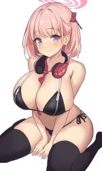 Rule 34 | 1girl, absurdres, armpit crease, bare shoulders, between breasts, bikini, black bikini, black thighhighs, blue archive, blush, breast zipper, breasts, cleavage, closed mouth, commentary, eimi (blue archive), hair ornament, halo, headphones, headphones around neck, highres, huge breasts, looking at viewer, metsu end, necktie, necktie between breasts, pink hair, pink halo, purple eyes, raised eyebrows, red necktie, side-tie bikini bottom, simple background, sitting, smile, solo, swept bangs, swimsuit, thighhighs, thighs, v arms, wariza, white background, zipper, zipper bikini, zipper pull tab