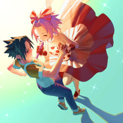 Rule 34 | 1boy, 1girl, aged down, black eyes, black hair, blue pants, blush, bow, dancing, dress, earrings, gloves, hair bow, haruno sakura, high heels, highres, holding, holding hands, holding microphone, jewelry, lilithbloody, looking at another, looking away, microphone, naruto, naruto (series), open mouth, pants, pink hair, red bow, red gloves, short hair, short sleeves, sleeveless, sleeveless dress, smile, spiked hair, strapless, strapless dress, uchiha sasuke