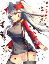Rule 34 | 1girl, antenna hair, azur lane, blush, breasts, choker, closed mouth, clothing cutout, cross, cross choker, floating hair, garter straps, gloves, hair between eyes, headgear, highres, iron cross, large breasts, long hair, looking at viewer, military, military uniform, multicolored clothes, multicolored hair, neko-hime (neko-hime), petals, prinz eugen (azur lane), red hair, side cutout, sideboob, silver hair, simple background, smile, solo, streaked hair, swept bangs, thighhighs, thighs, two side up, uniform, very long hair, white background, wind