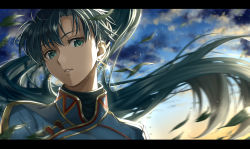 Rule 34 | 1girl, cloud, cloudy sky, delsaber, earrings, fire emblem, fire emblem: the blazing blade, green eyes, green hair, hair between eyes, highres, jewelry, leaf, letterboxed, looking at viewer, lyn (fire emblem), nintendo, outdoors, parted lips, ponytail, portrait, sky, solo, teeth