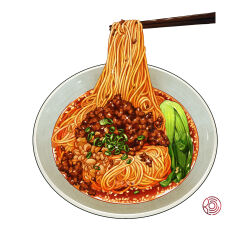 Rule 34 | abaoyaonuli, artist logo, chopsticks, food, food focus, highres, no humans, noodles, original, simple background, vegetable, white background