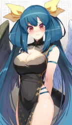 Rule 34 | 1girl, absurdres, angel wings, asymmetrical wings, bare legs, bare shoulders, blue hair, blush, breasts, china dress, chinese clothes, cleavage cutout, closed mouth, clothing cutout, covered navel, dizzy (guilty gear), dress, elritta, guilty gear, guilty gear xrd, hair ribbon, highres, large breasts, long hair, looking at viewer, pelvic curtain, red eyes, ribbon, skindentation, sleeveless, sleeveless dress, solo, thick thighs, thighs, twintails, twitter username, wings, yellow ribbon