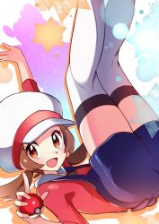 Rule 34 | 1girl, :d, arm up, blush, brown eyes, brown hair, commentary, creatures (company), eyelashes, game freak, hat, hat ribbon, highres, holding, holding poke ball, kneepits, legs up, lyra (pokemon), miyama (yakinikusushi the royal), nintendo, open mouth, overalls, poke ball, poke ball (basic), pokemon, pokemon hgss, red ribbon, red shirt, ribbon, shirt, sleeves past elbows, smile, solo, thighhighs, tongue, twintails, white hat, white thighhighs