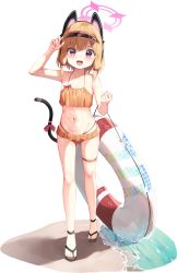 Rule 34 | 1girl, animal ears, arm up, bikini, blue archive, bow, breasts, brown bikini, cat tail, collarbone, commentary request, eyelashes, fake animal ears, feet, frilled bikini, frills, full body, halo, hand up, headphones, highres, innertube, legs, light brown hair, looking at viewer, mannack, momoi (blue archive), navel, open mouth, pink bow, purple eyes, sandals, shiny skin, sidelocks, simple background, small breasts, solo, standing, stomach, swim ring, swimsuit, tail, thigh strap, toes, visor cap, white background