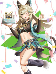 Rule 34 | 1girl, ;3, ;d, absurdres, ahoge, animal ear fluff, animal ears, anoreika tomoe, aqua skirt, bare shoulders, black shirt, blonde hair, breasts, cake, candle, cat ears, commentary, crop top, detached sleeves, fang, food, foot out of frame, genshin impact, green eyes, hands up, highres, holding, holding cake, holding food, kirara (genshin impact), leg warmers, long hair, long sleeves, looking at viewer, medium breasts, midriff, miniskirt, navel, one eye closed, open mouth, shirt, skirt, smile, solo, standing, standing on one leg, stomach, thighs, very long hair, white background