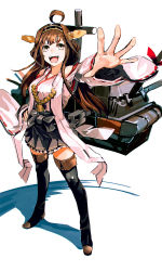 Rule 34 | 10s, 1girl, ahoge, boots, brown hair, cannon, detached sleeves, full body, grey eyes, hand on own hip, headgear, kantai collection, kongou (kancolle), mecha musume, outstretched arm, pleated skirt, skirt, so-bin, solo, thigh boots, thighhighs, wide sleeves, zettai ryouiki