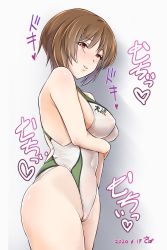 Rule 34 | 1girl, alternate body size, arm grab, artist name, backless swimsuit, blush stickers, breast hold, breasts, cameltoe, closed mouth, commentary, competition swimsuit, covered navel, cowboy shot, dated, from side, girls und panzer, half-closed eyes, heart, highleg, highleg swimsuit, highres, impossible clothes, impossible swimsuit, looking at viewer, medium breasts, nishizumi miho, one-piece swimsuit, parted lips, sabakui, seductive smile, smile, solo, standing, swimsuit, translated, white one-piece swimsuit