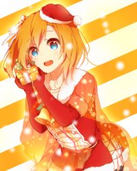 Rule 34 | 10s, 1girl, bell, blue eyes, bow, box, elbow gloves, gift, gift box, gloves, hair bow, hair ornament, hat, kosaka honoka, looking at viewer, love live!, love live! school idol project, oda (101511a), open mouth, orange hair, red gloves, santa costume, santa hat, side ponytail, solo, striped, striped background