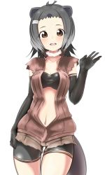 Rule 34 | 10s, 1girl, american beaver (kemono friends), animal ears, antenna hair, arm up, bad id, bad pixiv id, beaver ears, beaver tail, bike shorts, bikini, bikini top only, blush, breasts, brown eyes, cleavage, collarbone, ears visible through hair, elbow gloves, fur collar, gloves, green hair, grey hair, highres, jacket, kemono friends, looking at viewer, medium hair, navel, open clothes, open jacket, open mouth, shorts, simple background, sleeveless, smile, solo, swimsuit, tail, tatusinomu, torn clothes, torn shorts, waving, white background