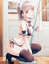 Rule 34 | 1girl, bikini, black thighhighs, blush, breasts, brown eyes, cleavage, comic aun, from side, high heels, highres, hiten (hitenkei), lace, lace-trimmed legwear, lace trim, large breasts, light brown hair, looking at viewer, maid, maid bikini, maid headdress, mary janes, mop, navel, nipples, non-web source, one breast out, shoes, short hair, side-tie bikini bottom, solo, squatting, strappy heels, string bikini, swimsuit, thighhighs, tongue, tongue out, unconventional maid