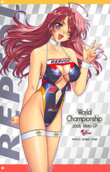 Rule 34 | 00s, 1girl, 2006, blue eyes, blush, breasts, cleavage cutout, clothing cutout, cosplay, honda, large breasts, leotard, long hair, moto gp, nail polish, original, pink nails, r1, race queen, red hair, solo, swimsuit, thighhighs, very long hair, wings